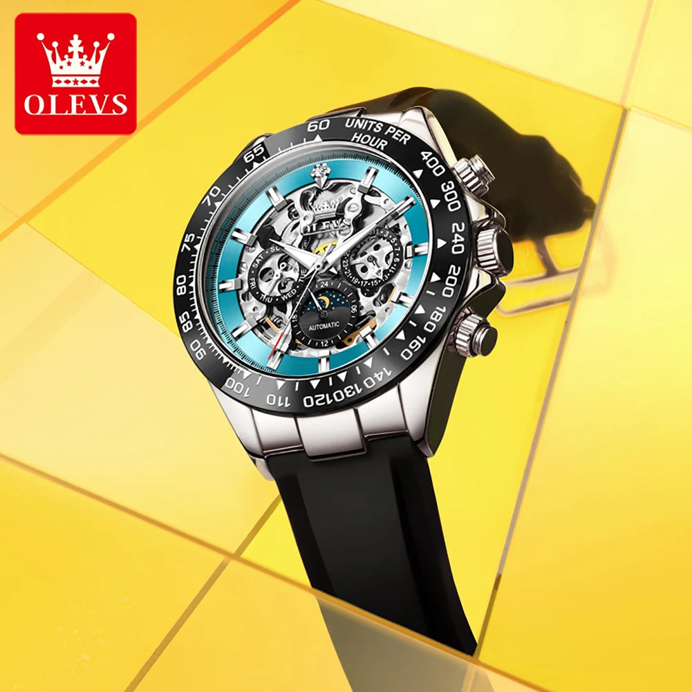 OLEVS 6713 Men Watch Brand Hollow Calendar Waterproof Luminous Moon Phase Watch Luxury Original Men Automatic Mechanical Watch