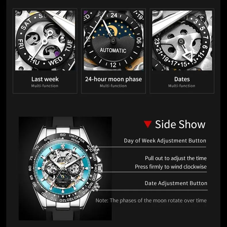 OLEVS 6713 Men Watch Brand Hollow Calendar Waterproof Luminous Moon Phase Watch Luxury Original Men Automatic Mechanical Watch