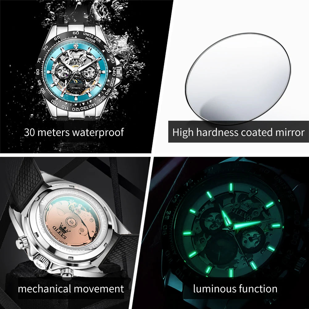 OLEVS 6713 Men Watch Brand Hollow Calendar Waterproof Luminous Moon Phase Watch Luxury Original Men Automatic Mechanical Watch