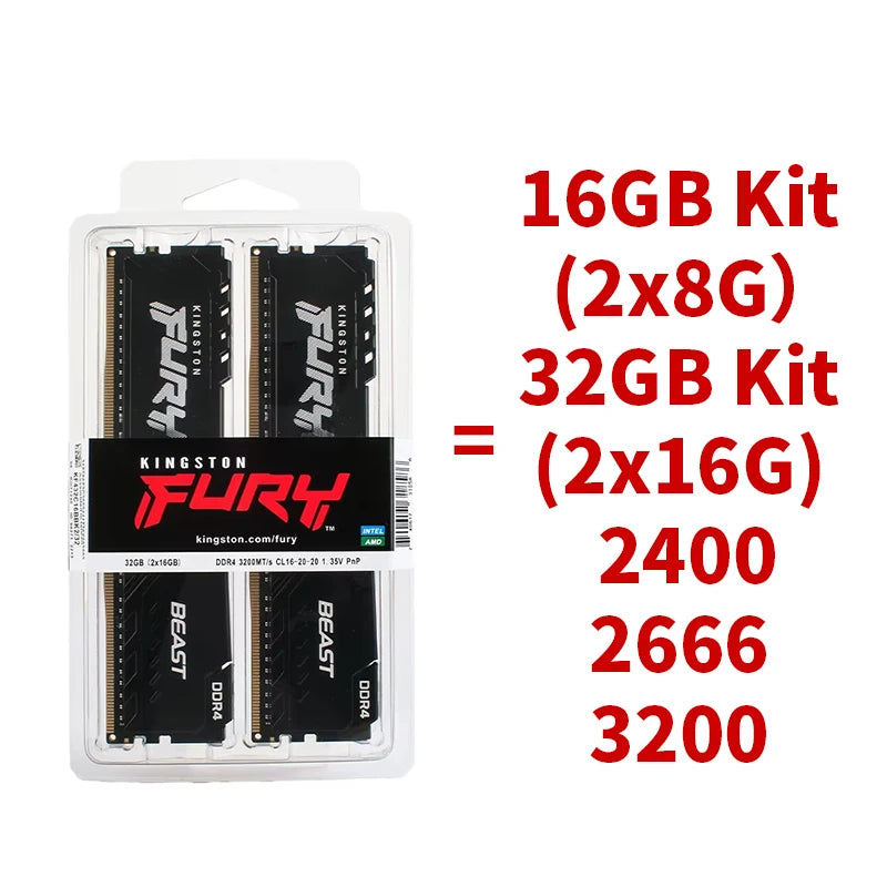 DDR4 Kingston BEAST RAM 3200MHz 2666MHz 3600 2400MHz 8GB 16GB 4GB Gaming Desktop Memory PC4-25600 PC4-19200 288Pin DIMM DDR4 RAM