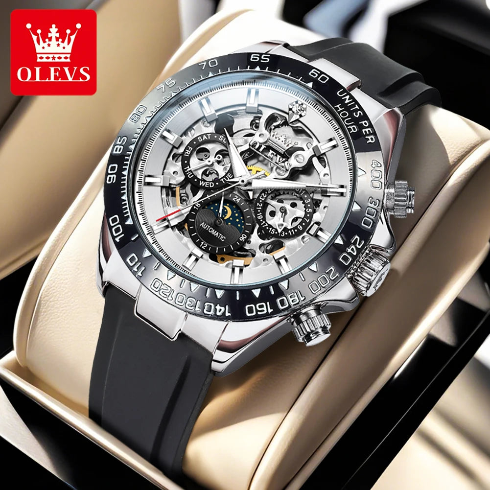 OLEVS 6713 Men Watch Brand Hollow Calendar Waterproof Luminous Moon Phase Watch Luxury Original Men Automatic Mechanical Watch